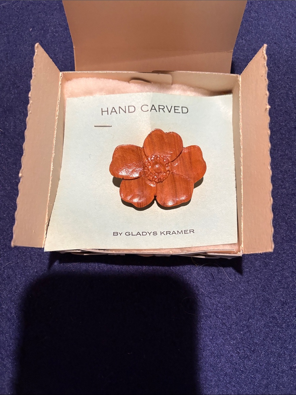 Gladys Kramer Hand Carved Floral Brooch - Carved Brown Flower